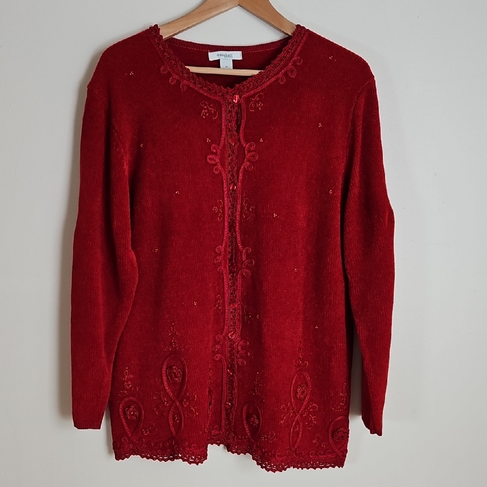 Dressbarn 1X Cardigan Red Chenille Crochet Beaded Embroidered Soft
